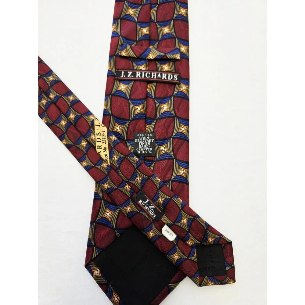 Vintage J.Z. Richards Silk Tie, 1990s Medallion Geometric, Maroon Blue Gold USA